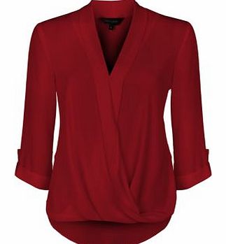 New Look Dark Red Wrap Front Turn Up Sleeve Blouse 3305745