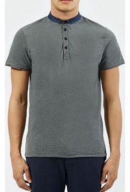 Grey Contrast Check Grandad Collar T-Shirt 3171392