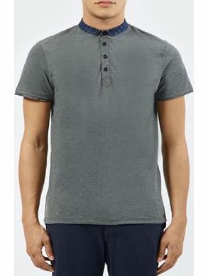 Grey Contrast Check Grandad Collar T-Shirt 3171393