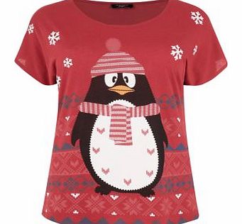 Inspire Red Fairisle Penguin Print T-Shirt 3242661