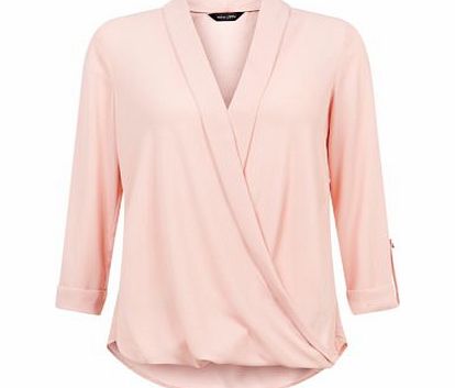 New Look Shell Pink Wrap Front Turn Up Sleeve Blouse