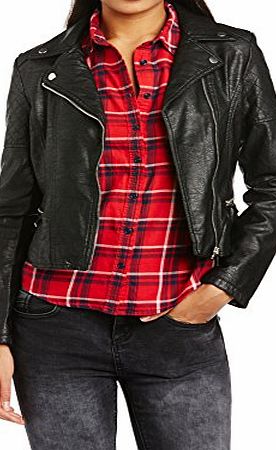 New Look Womens Mason Leather-Look Biker Jacket, Black, Size 16