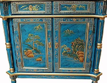 Newquay-Bonsai Blue Hand Painted Artistry Range Lacquered Cabinet Oriental Furniture Chinese
