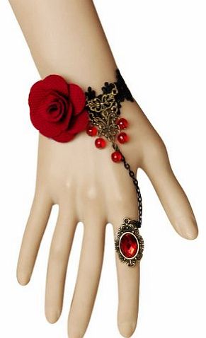 (TM) Black Lace Red Rose Gothic Bracelet With Vintage Crystal Gem Ring