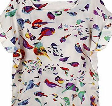 niceEshop (TM) Women Bird Geometric Print Short Sleeve Chiffon Tops (White,M)