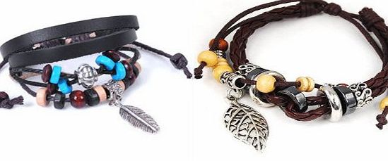 TM) 2Pcs Pack- Brown Bohemian Vintage Style Feather Beads Leather Bracelet Adjustable Wirstaband + Leaf Pendant Pandora Beads Leather Bracelet