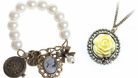 niceEshop TM) 2Pcs Pack- Vintage Unique Bronze classic Flower style long necklace   Classic Pearl Bracelet with Charms