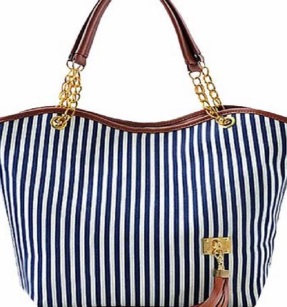 niceEshop (TM) Fashion Stripe Single Shoulder Canvas Bag Women Handbag (Blue White)