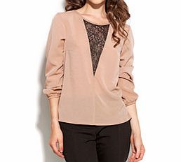 NIFE Beige and black lace insert V-neck blouse