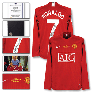 Nike 07-09 Man Utd Home L/S Shirt   Ronaldo No. 7   World Cup Championship Patch - Signed