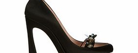 Black satin embellished strap heels