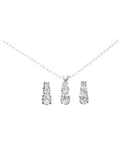 no Sterling Silver 3 Stone Drop Pendant and Earring