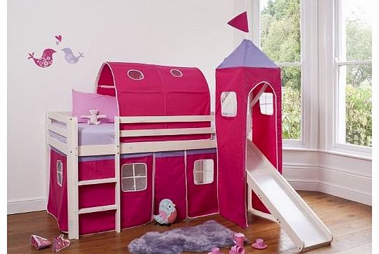 Cabin Bed & Mattress with Princess Pink Tower ,Tunnel & Tent + Mattress WHITEWASH