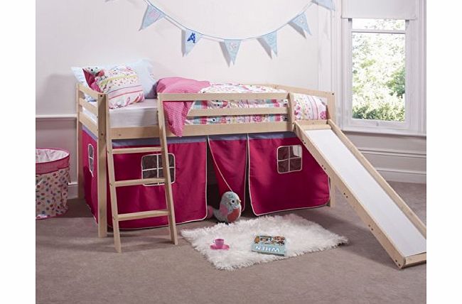 Cabin Bed in Pine Mid Sleeper Bunk with Slide Pink Tent 66PINE