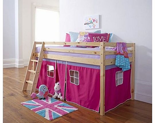 Cabin Bed Mid Sleeper Bunk with Tent Pink 5758PINE- PINK