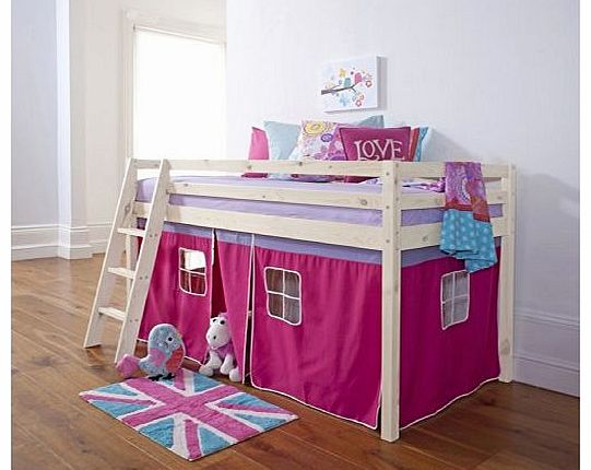 Cabin Bed Mid Sleeper Bunk with Tent Pink in Whitewash 5758WW-PINK