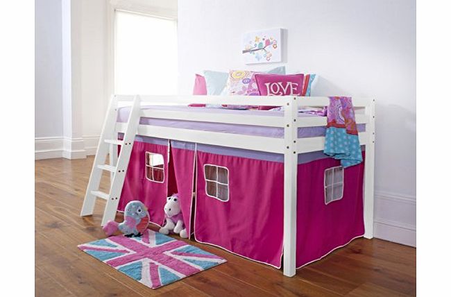 Noa and Nani Cabin Bed Mid Sleeper in White   Mattess with Tent Pink 5758WG-PINK MATTRESS