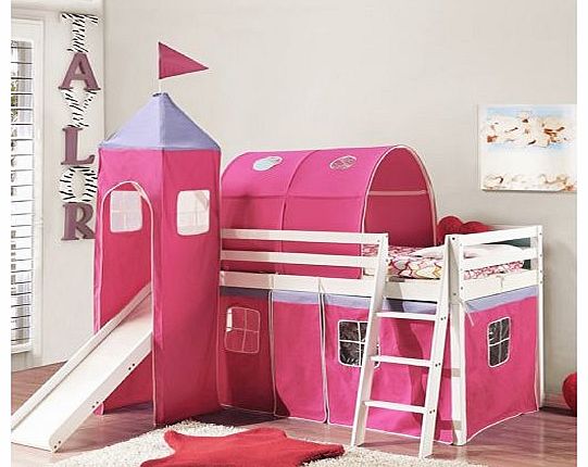 Noa and Nani Cabin Bed Mid Sleeper in WHITE Pink Princess with Tower ,Tunnel & Tent 6970WG-PINK