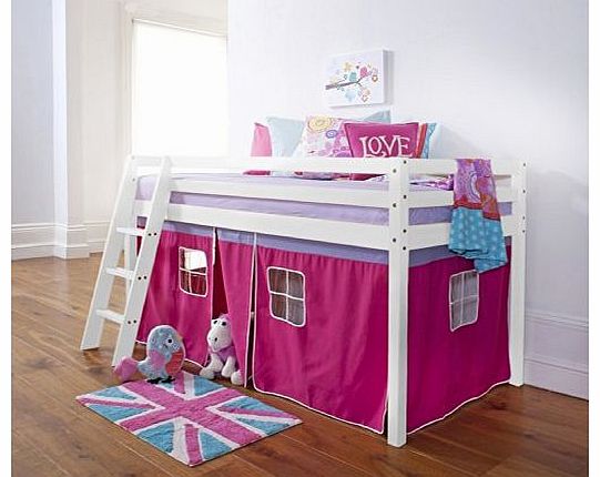 Cabin Bed Mid Sleeper in White with Tent Pink 5758WG-PINK