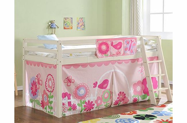 Cabin Bed Mid Sleeper in Whitewash with Tent FLORAL 578WW FLORAL