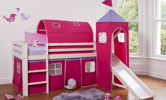 Noa and Nani Cabin Bed Mid Sleeper Whitewashed Pink Princess with Tower ,Tunnel amp; Tent 6970WW-PINK