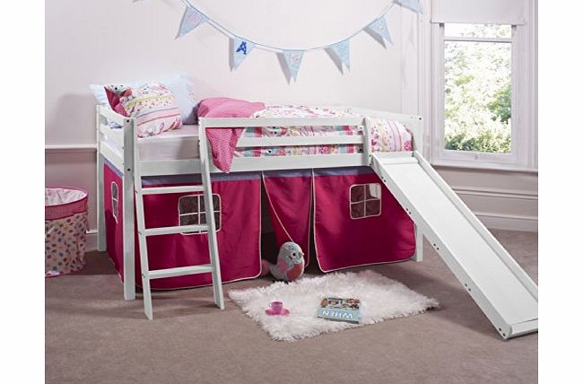 Noa and Nani Cabin Bed White Mid Sleeper Bunk with Slide Pink Tent 6007WHITE