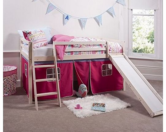 Cabin Bed Whitewash Mid Sleeper Bunk with Slide Pink Tent 6007