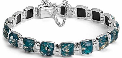 Blue Green Amber Sterling Silver Square Contemporary Bracelet 18cm Long