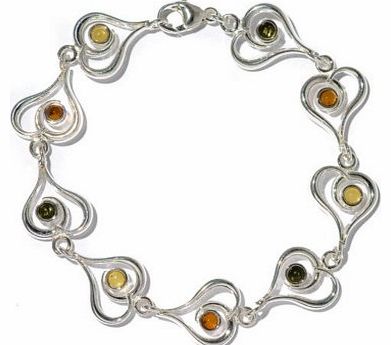Multicolor Amber Sterling Silver Contemporary Heart Bracelet 18cm