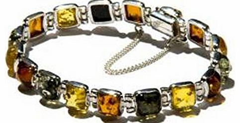 Multicolor Amber Sterling Silver Square Stones Bracelet 18 cm