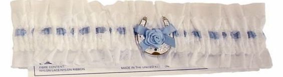 White & Blue Wedding Garter Slotted Effect Horse shoe Bow Rose