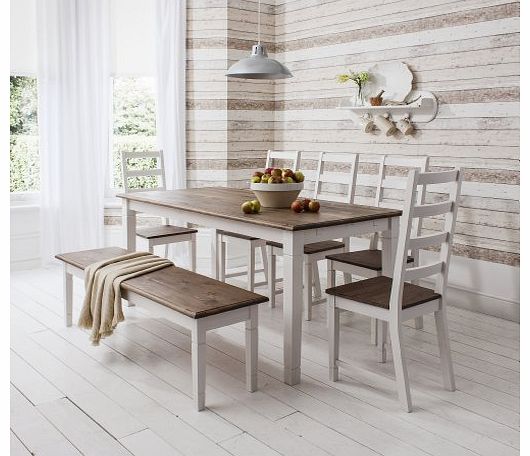 Table and 5 Chairs and Bench Canterbury Dining Table in Contemporary Dark Pine and White