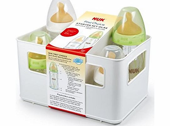 NUK  First Choice 10225099 Baby Starter Set with 4x Anti-Colic Glass Baby Bottles (2x 120 ml and 2x 240 ml) includes Latex Teats and Bottle Storage Box