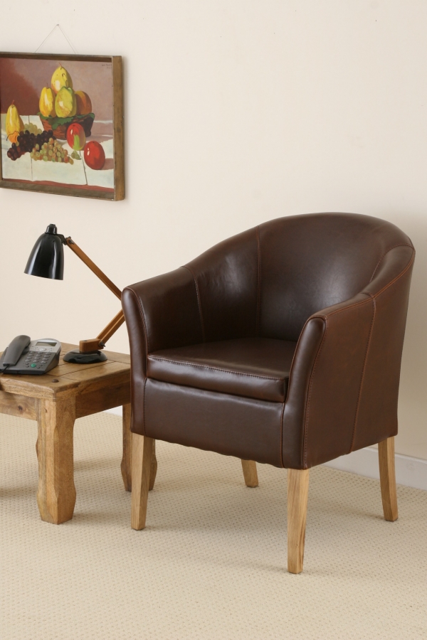 Oak Furniture Land Brown Leather Tub Chair with Solid Oak Legs