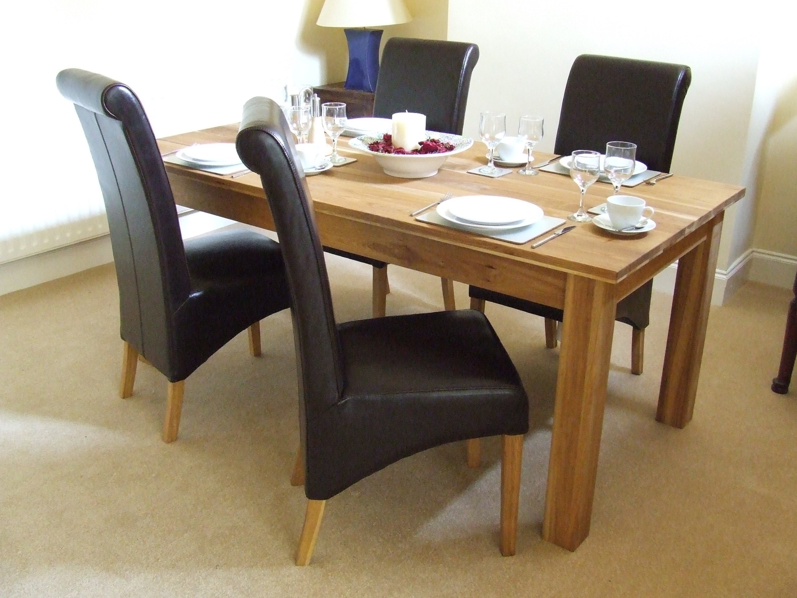 Oak Solid Oak Dining Table Set 160cm - Leather