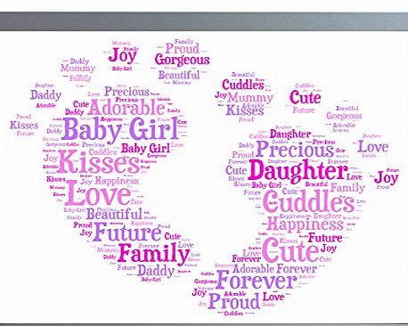 Oaktree Gifts Framed Personalised New Baby Girl Footprint Word Art A4 Print. Baby Girl Photo Picture Keepsake Gift for New Mum, Dad, Brother, Sister or Family. New Baby, Baby Shower Gift.