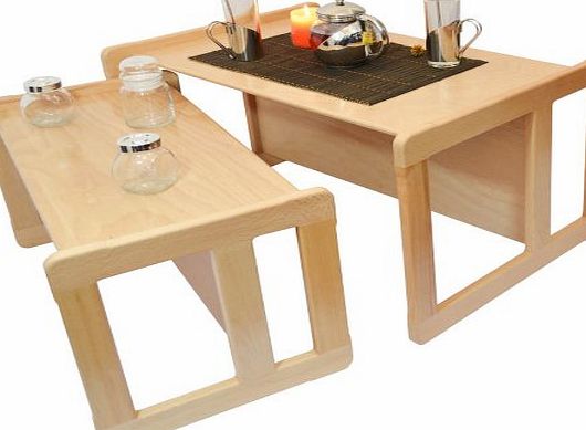 3 in 1 Adults Multifunctional Nest of Two Coffee Tables, or Childrens Multifunctional Furniture Set One Multifunctional Table and One Multifunctional Chair Solid Beech Wood Natural Varnish