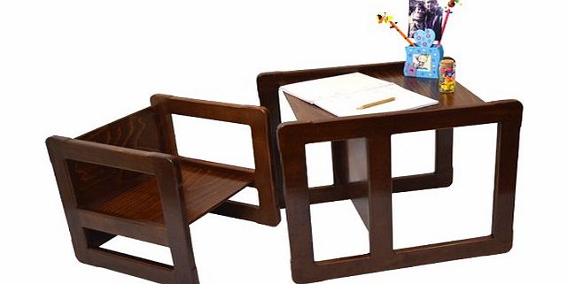 3 in 1 Childrens Multifunctional Furniture Set of One Multifunctional Table and One Multifunctional Chair or Adults Multifunctional Nest of Two Coffee Tables made of Solid Beech Wood Natural Varnish