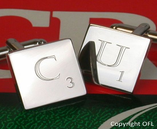 OFL Scrabble Cufflinks - Personalised Engraved Cufflinks in the style of a Scrabble tile from OFL. You can choose one letter and one number for each link. Eg. J8 amp; S4. Supplied in chrome presentation 