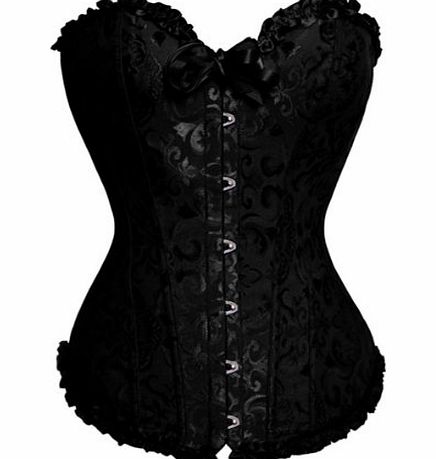 Sexy Brocade Stain Overbust Corset With Floral Pleated Trim Bustier Burlesque Basque Fancy Dress Costume Outfit With G-string (Black, XXX-Large)