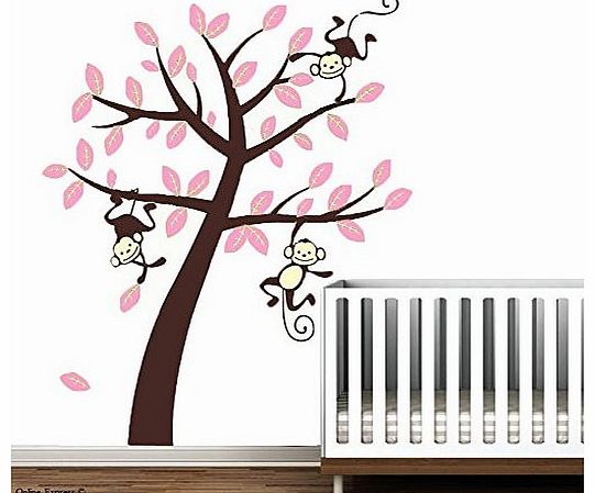 Online-Express Pink Monkey Tree Jungle Nursery Wall Art Stickers Decals Girls Children Bed Crib Princess Beautiful For Her Daughter