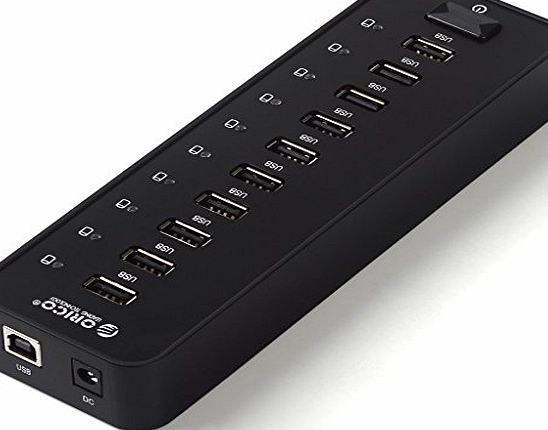 ORICO P10-U2 10-Ports External USB2.0 HUB with Premium 12V 2.5A Power Adapter for Windows and Mac PC [Widely Compatible with Windows 8/ 7/ Vista/ XP; Mac OS X; Linux] - Black