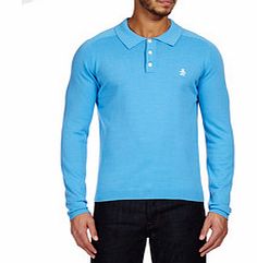 Blue cotton long sleeve polo shirt