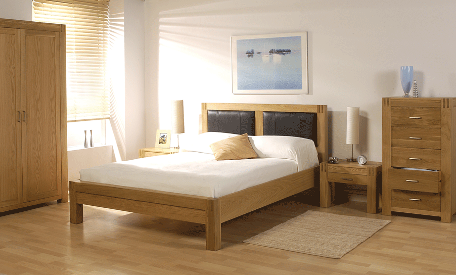 Orly Oak and Leather Bed Frame - 4ft 6` -