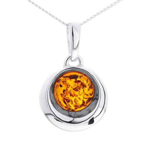 Silver Ladies Round Amber Set Moon Shape Pendant and 46cm Curb Chain