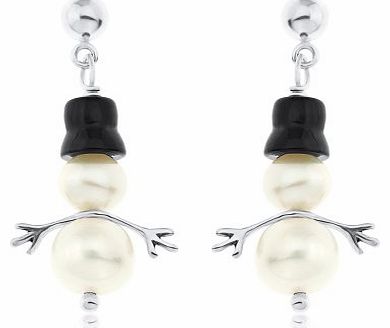 Sterling Silver Pearl and Onyx Snowmen Hook Wire Earrings for Pierced Ears