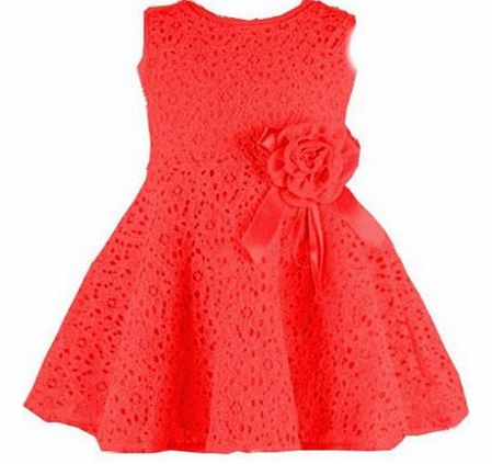 New Kids Girls Princess Party Flower Solid Lace Formal Dress (130for(5-6 Years), red)