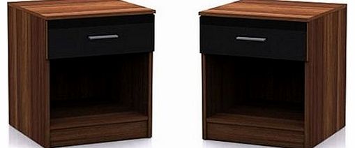 Set of 2 Bedside Cabinet in Black High Gloss & Walnut Frame