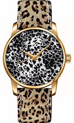 OUO Special Design of Clear White Tiger Skin Genuine Leather Leopard Print Watch Strap Ladies Womens Analog Quartz Watch