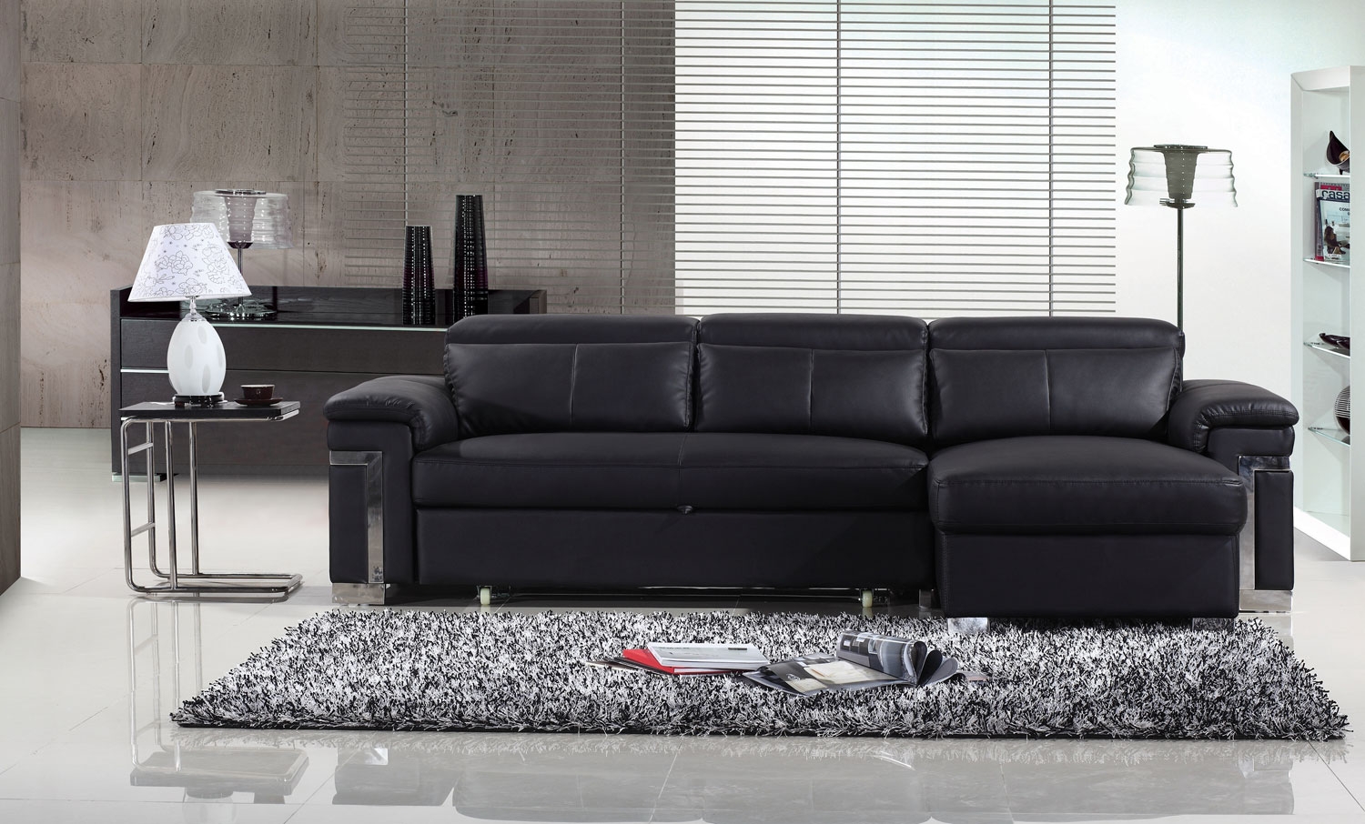 Leather 3 Seater Sofa Bed - black -